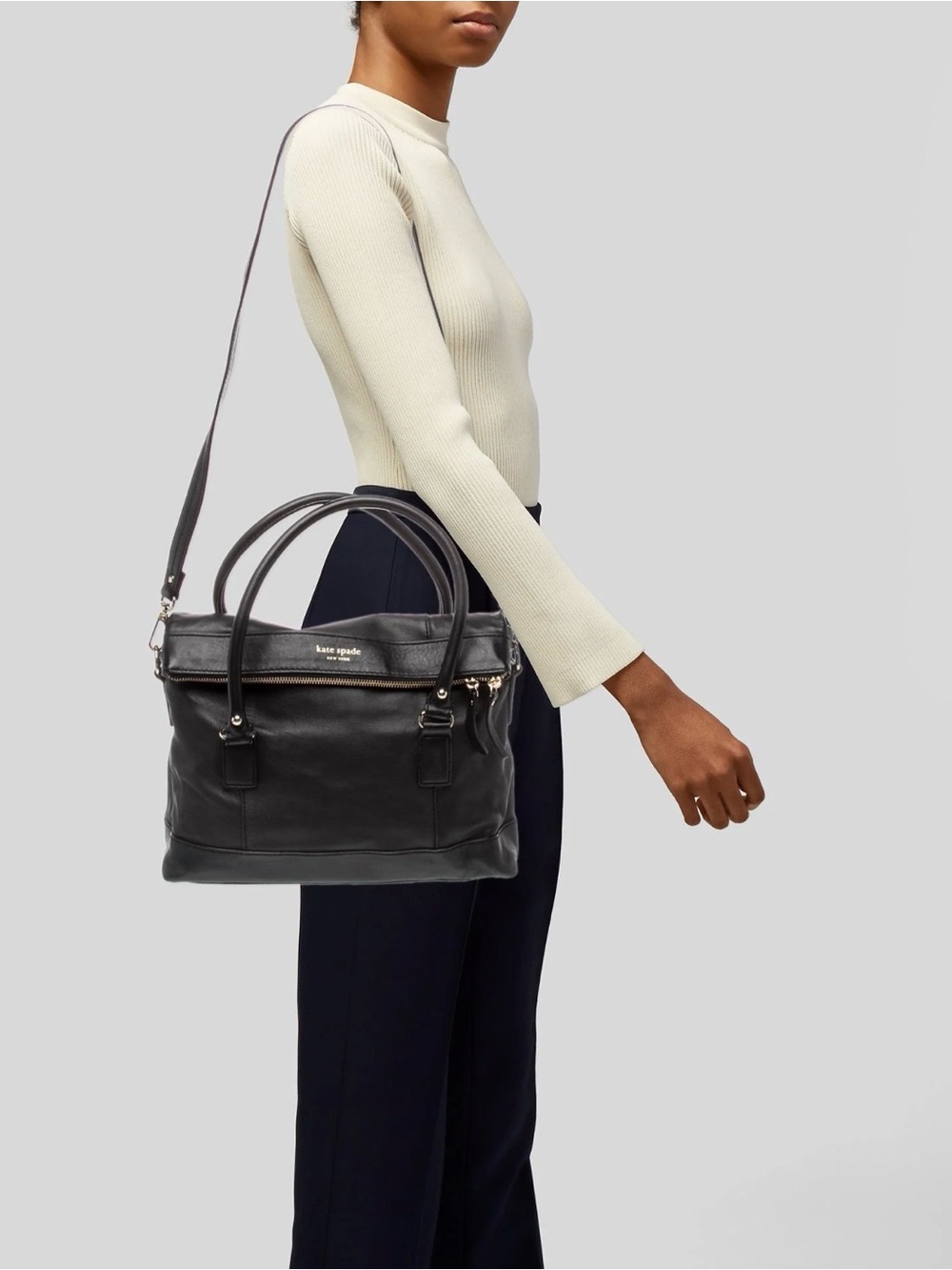black leather Kate Spade New York Carmen foldover crossbody satchel